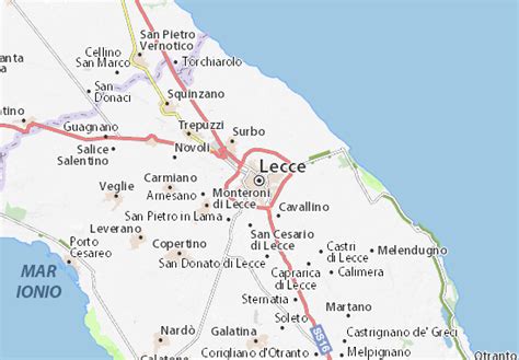 Mappa di Lecce e provincia con zone collinari evidenziate