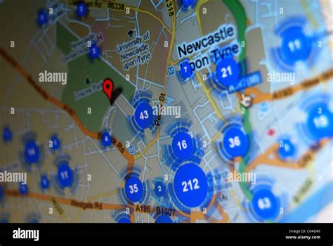 Mappa di Newcastle con segnaposto per diversi negozi vintage.