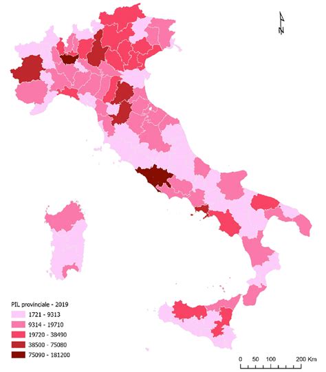 Mappa del PIL pro capite in Italia per provincia