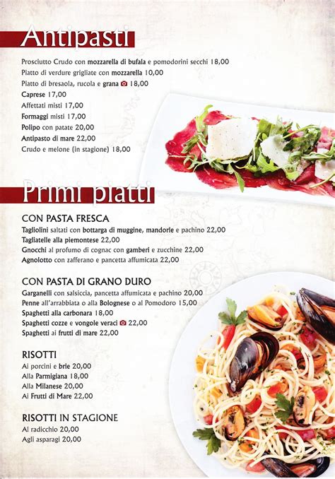 Menu di un ristorante italiano con piatti tipici