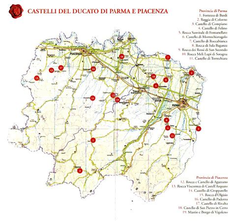 Mappa dell'itinerario tra Parma e Piacenza con i castelli