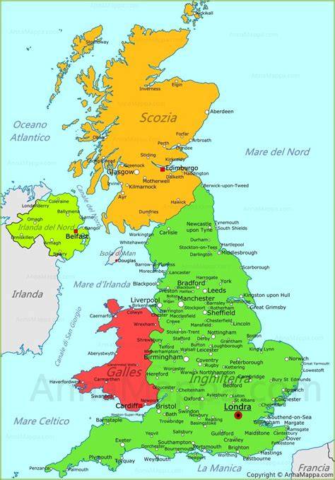 Mappa del Regno Unito con evidenziate le città di Newcastle e Nottingham