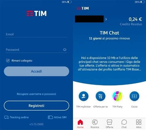 Schermata dell'app MyTIM con opzione di selezione linea