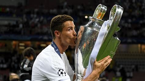 Cristiano Ronaldo con trofei Champions League