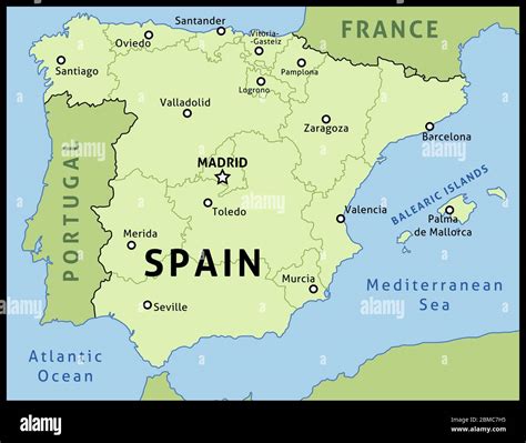 Mappa della Spagna con evidenziate le città di Valencia, Málaga e Siviglia