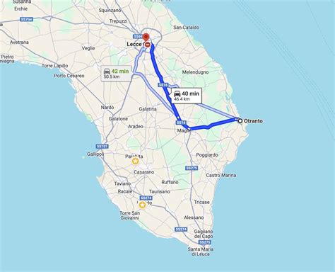 Mappa che mostra la distanza tra Caserta e Lecce