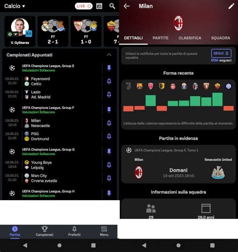 Interfaccia dell'app Sofascore con statistiche di calcio