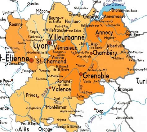 Mappa della regione Alvernia-Rodano-Alpi con Lione e Saint-Étienne evidenziate