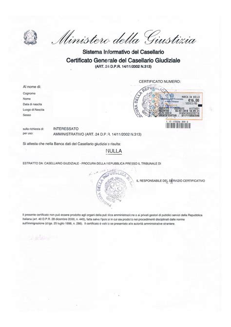 Documento certificato casellario giudiziale