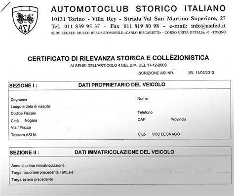 Documento di certificazione veicolo storico